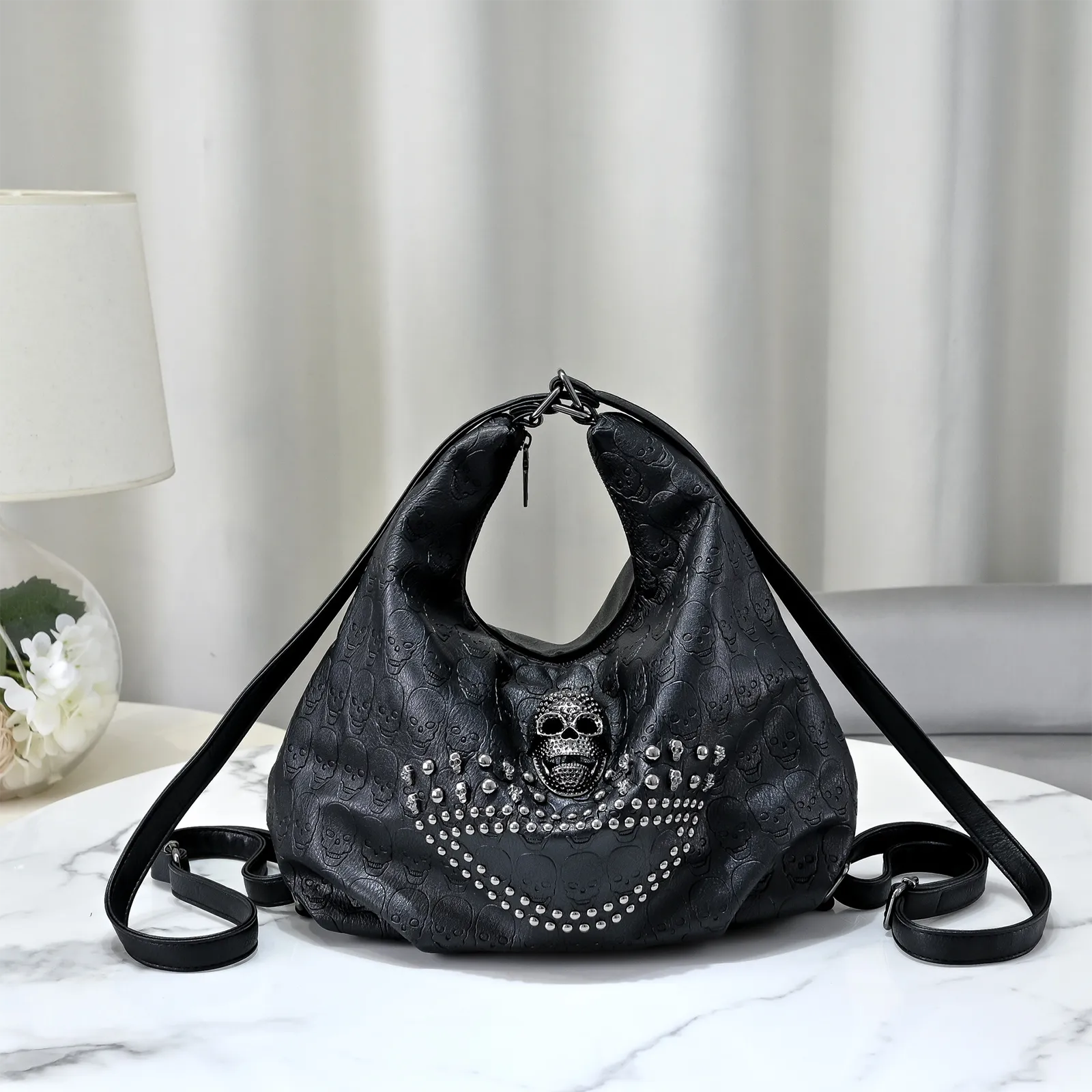Punk Rock Rhinestone Skull Crossbody Bag Dark Aesthetic Large Capacity Handbag