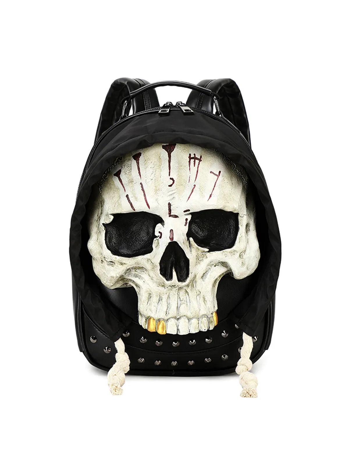 Gothic 3D Skull Backpack with Hood Dark Aesthetic Studded PU Leather Rucksack