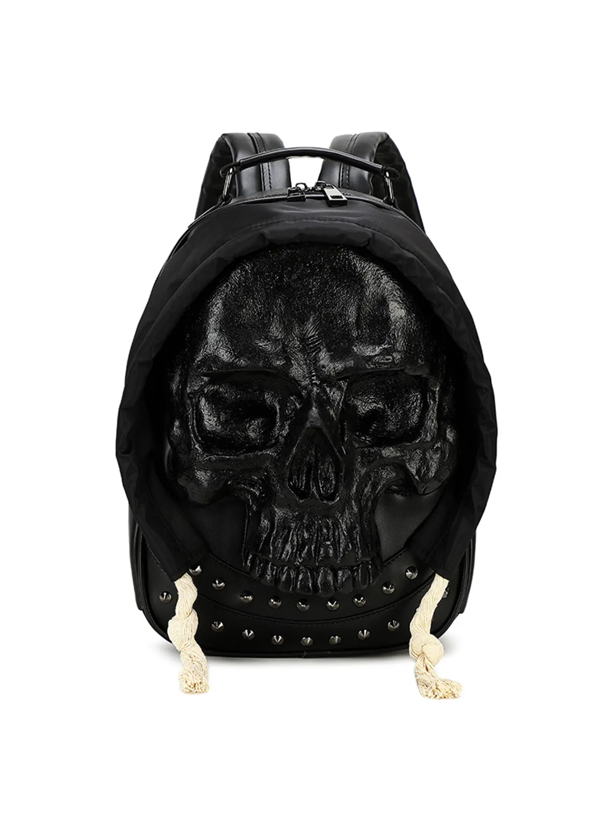 Gothic 3D Skull Backpack with Hood Dark Aesthetic Studded PU Leather Rucksack