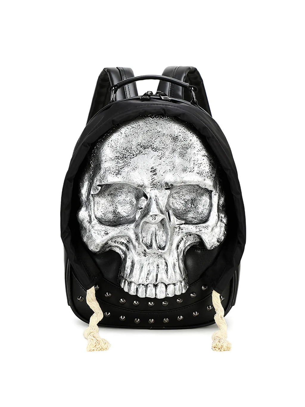 Gothic 3D Skull Backpack with Hood Dark Aesthetic Studded PU Leather Rucksack