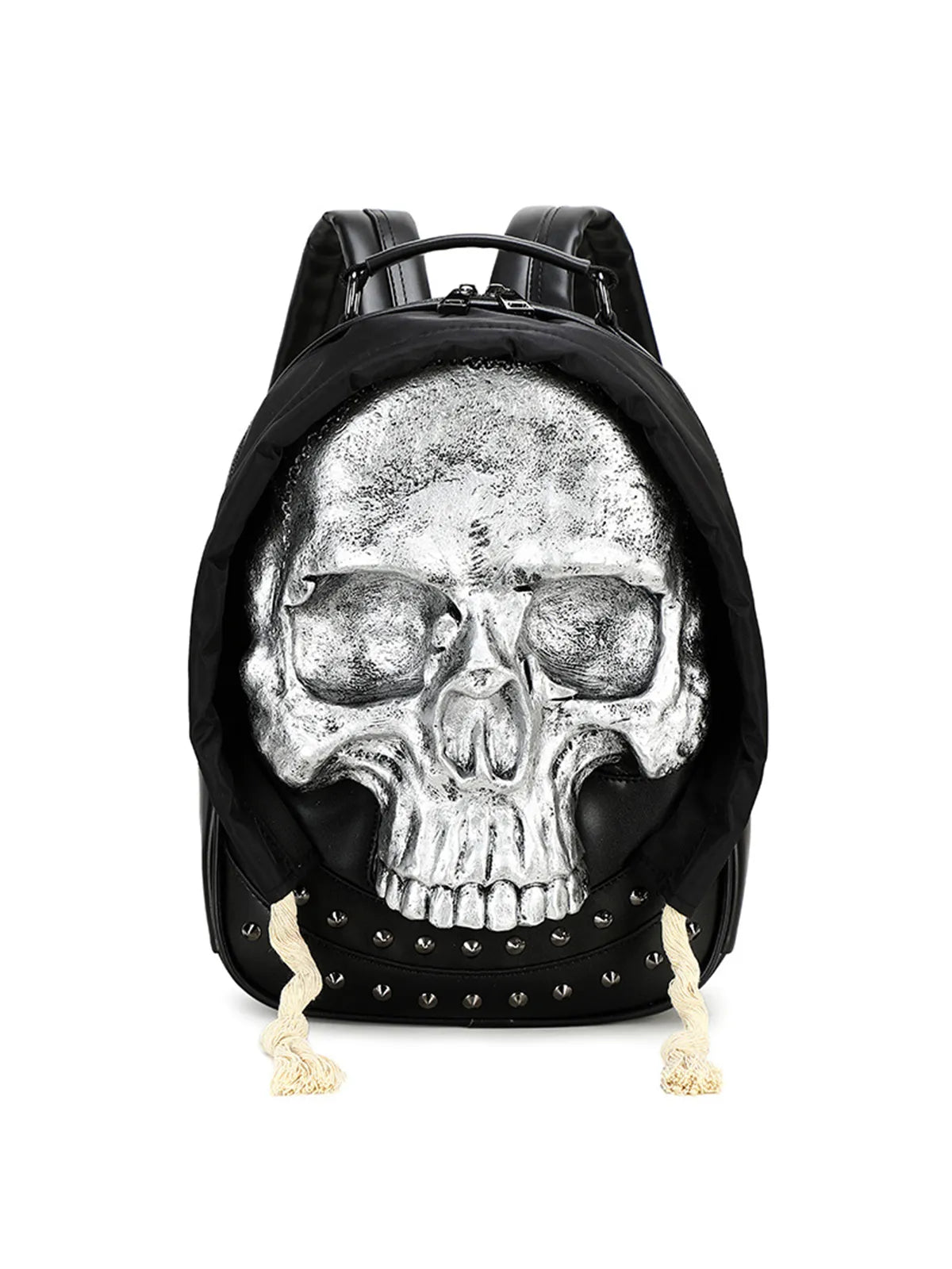 Gothic 3D Skull Backpack with Hood Dark Aesthetic Studded PU Leather Rucksack