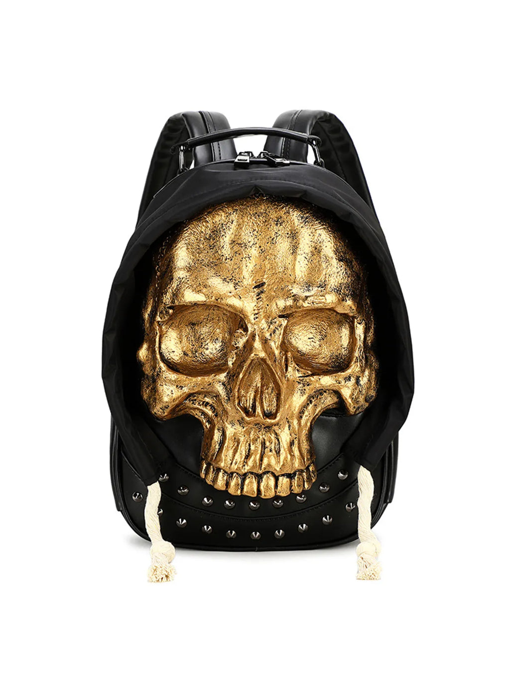 Gothic 3D Skull Backpack with Hood Dark Aesthetic Studded PU Leather Rucksack
