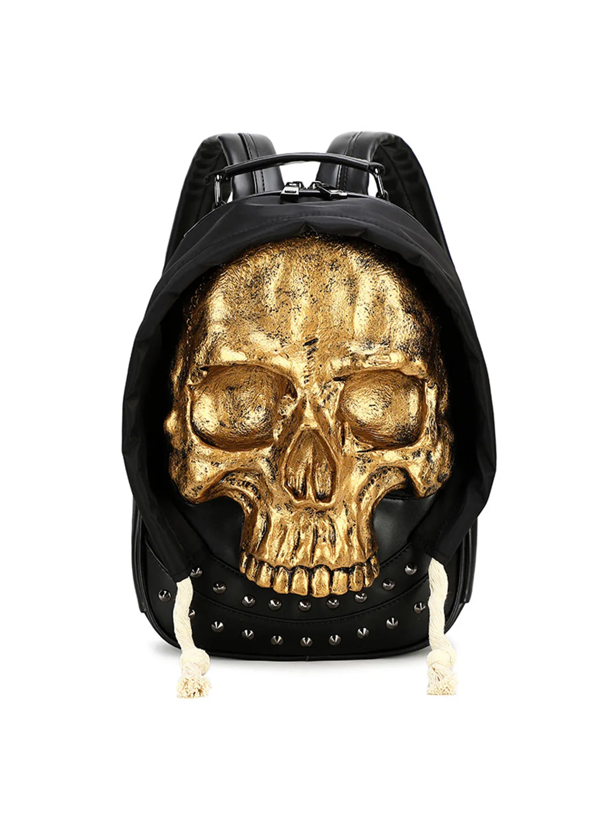 Gothic 3D Skull Backpack with Hood Dark Aesthetic Studded PU Leather Rucksack