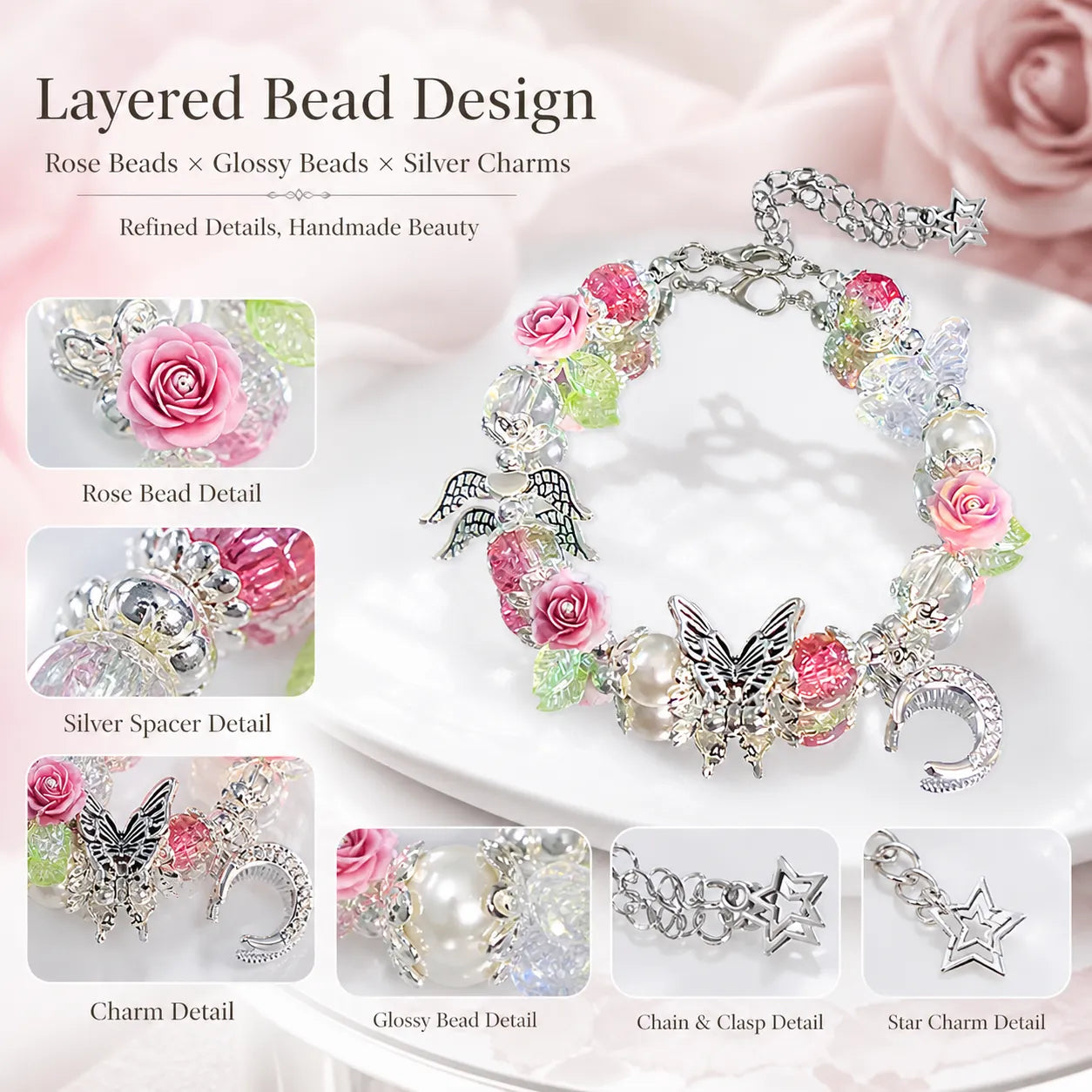 Victorian Rose Energy Bracelet Set – Handmade Charm Jewelry for Protection and Good Fortune