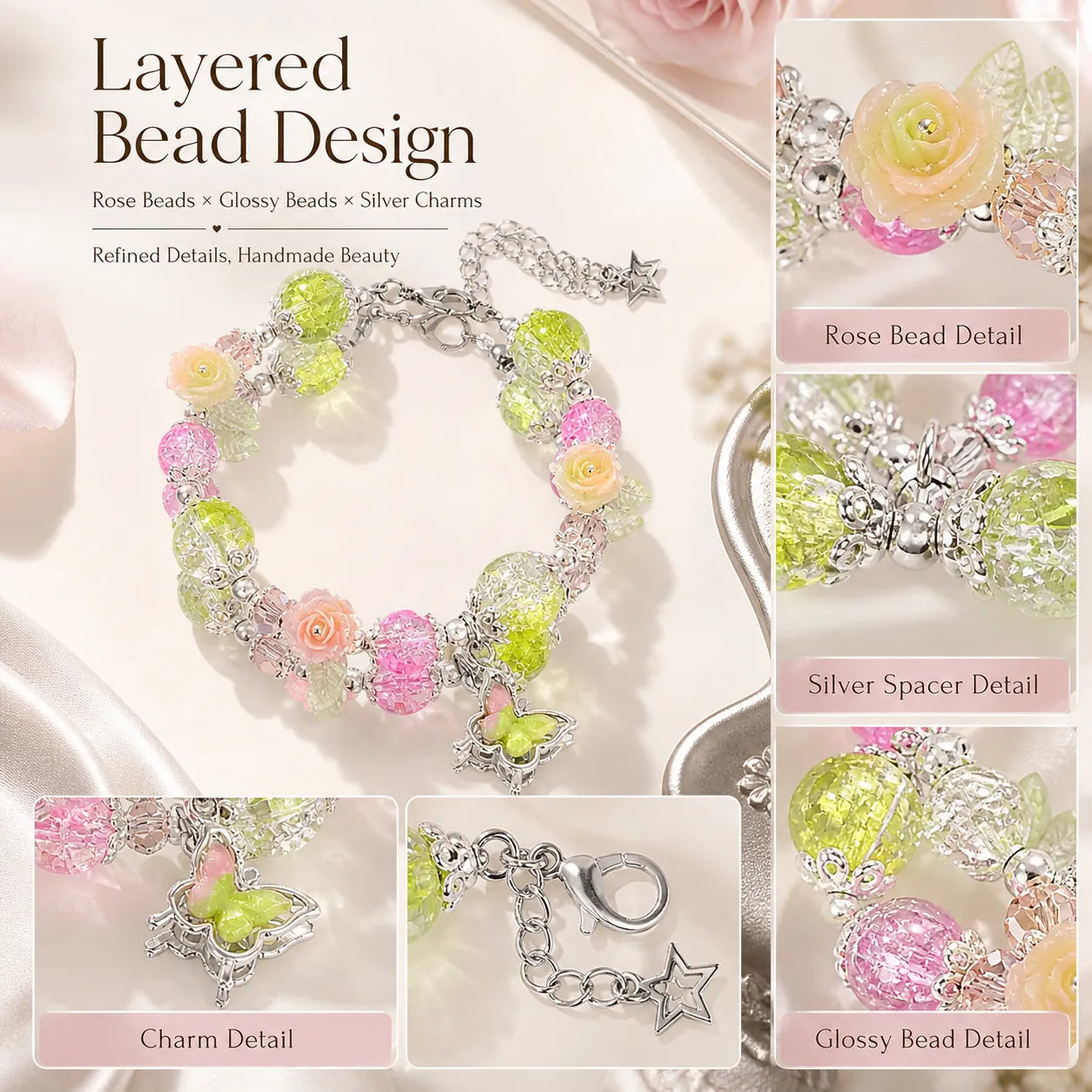 Victorian Rose Energy Bracelet Set – Handmade Charm Jewelry for Protection and Good Fortune