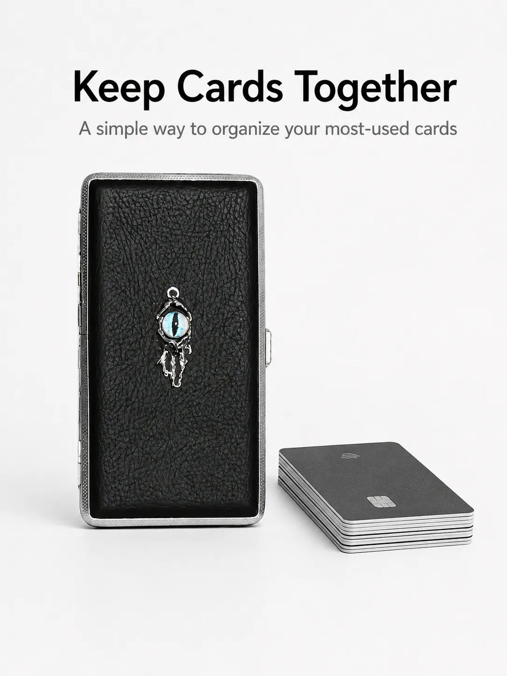 Blue Demon Eyes Pocket Case _ Black Leather & Metal Hard-Shell Organizer