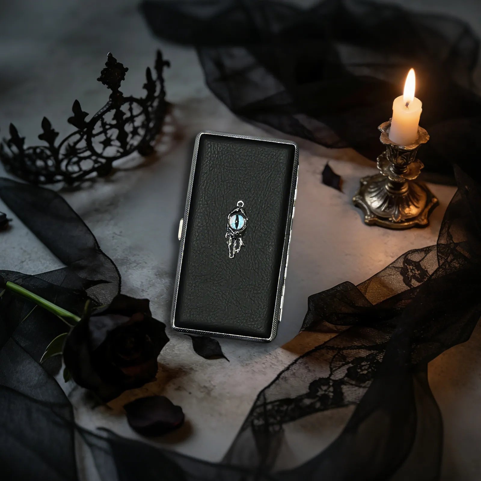 Blue Demon Eyes Pocket Case _ Black Leather & Metal Hard-Shell Organizer: accessory with blue Demon Eyes Pocket Black.