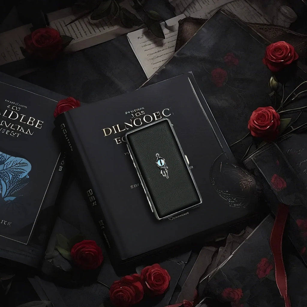 Blue Demon Eyes Pocket Case _ Black Leather & Metal Hard-Shell Organizer: accessory with blue Demon Eyes Pocket Black.