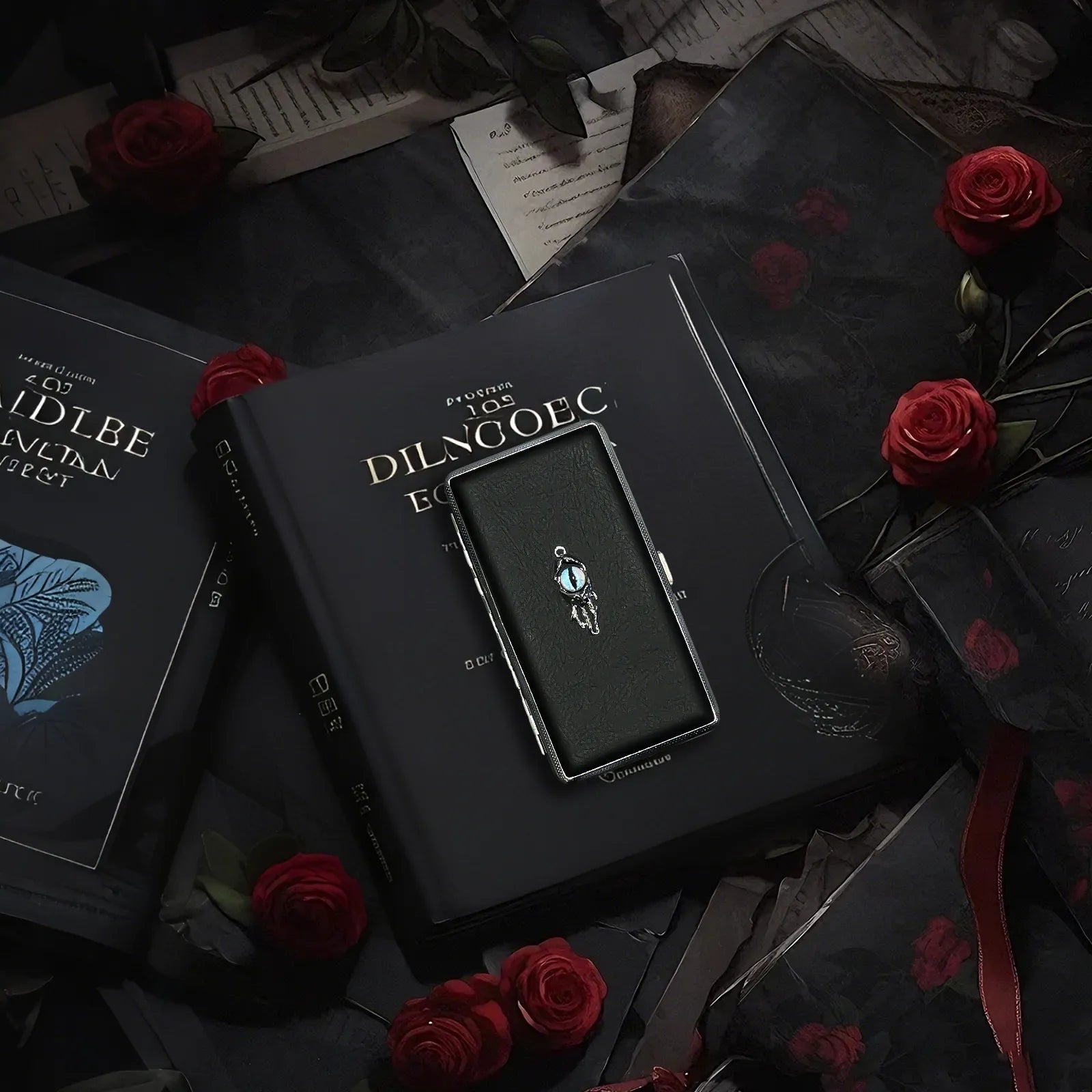 Blue Demon Eyes Pocket Case _ Black Leather & Metal Hard-Shell Organizer: accessory with blue Demon Eyes Pocket Black.