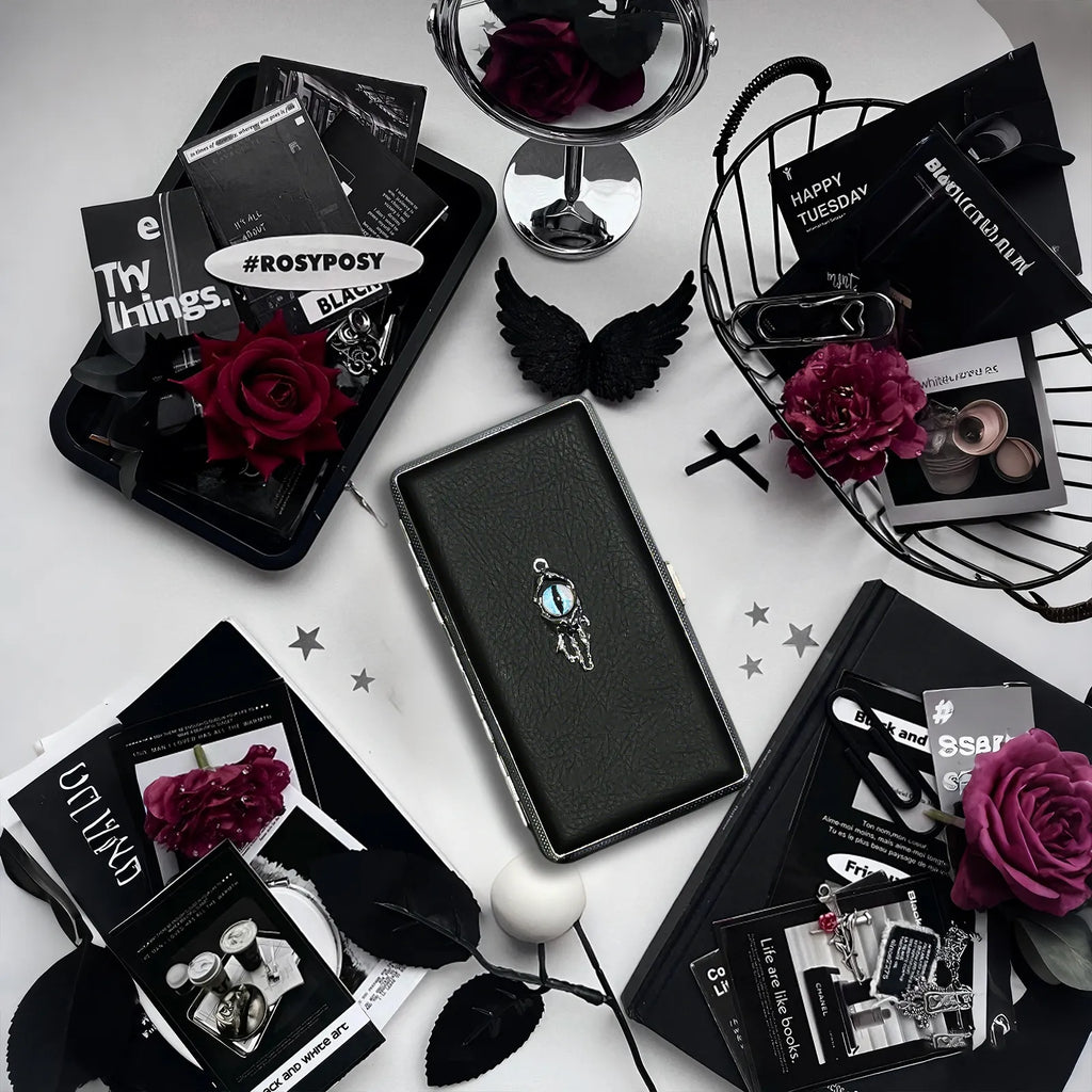 Blue Demon Eyes Pocket Case _ Black Leather & Metal Hard-Shell Organizer: accessory with blue Demon Eyes Pocket Black.