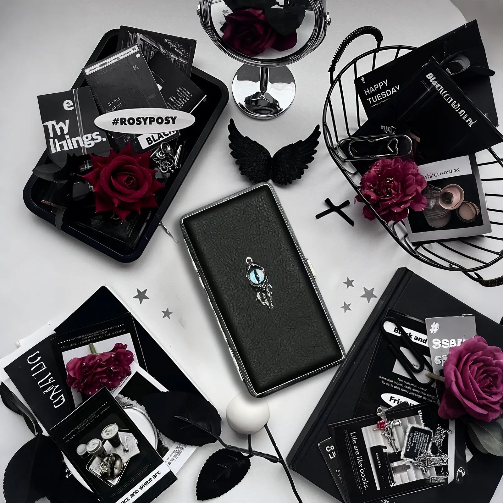 Blue Demon Eyes Pocket Case _ Black Leather & Metal Hard-Shell Organizer: accessory with blue Demon Eyes Pocket Black.