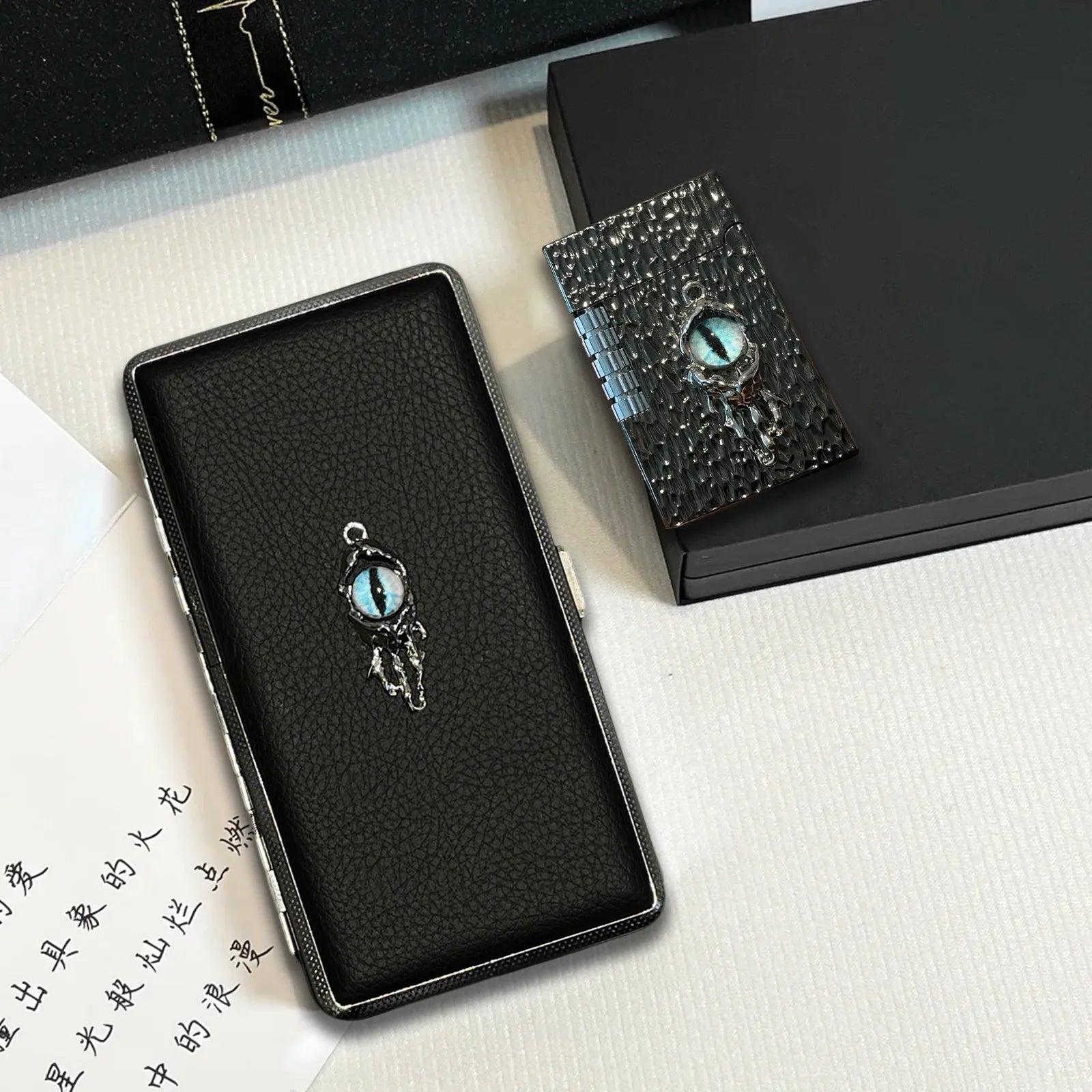 Blue Demon Eyes Pocket Case _ Black Leather & Metal Hard-Shell Organizer: accessory with blue Demon Eyes Pocket Black.