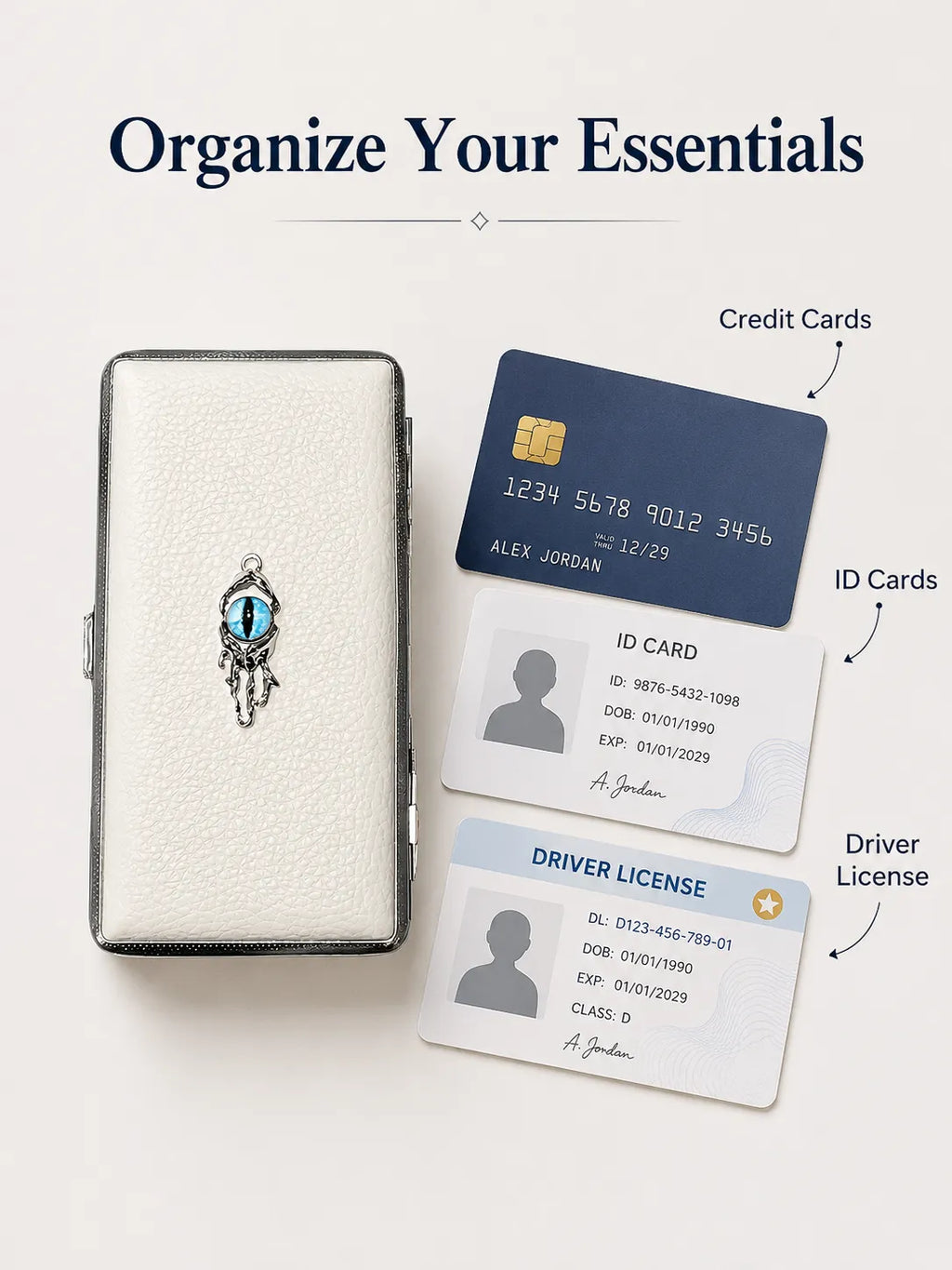Blue Demon Eyes Pocket Case _ White Leather & Metal Hard-Shell Organizer