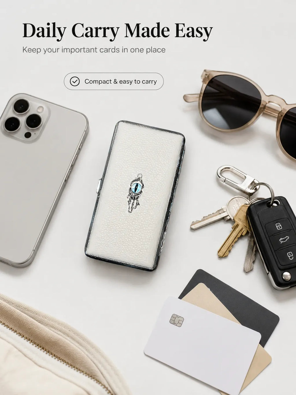 Blue Demon Eyes Pocket Case _ White Leather & Metal Hard-Shell Organizer