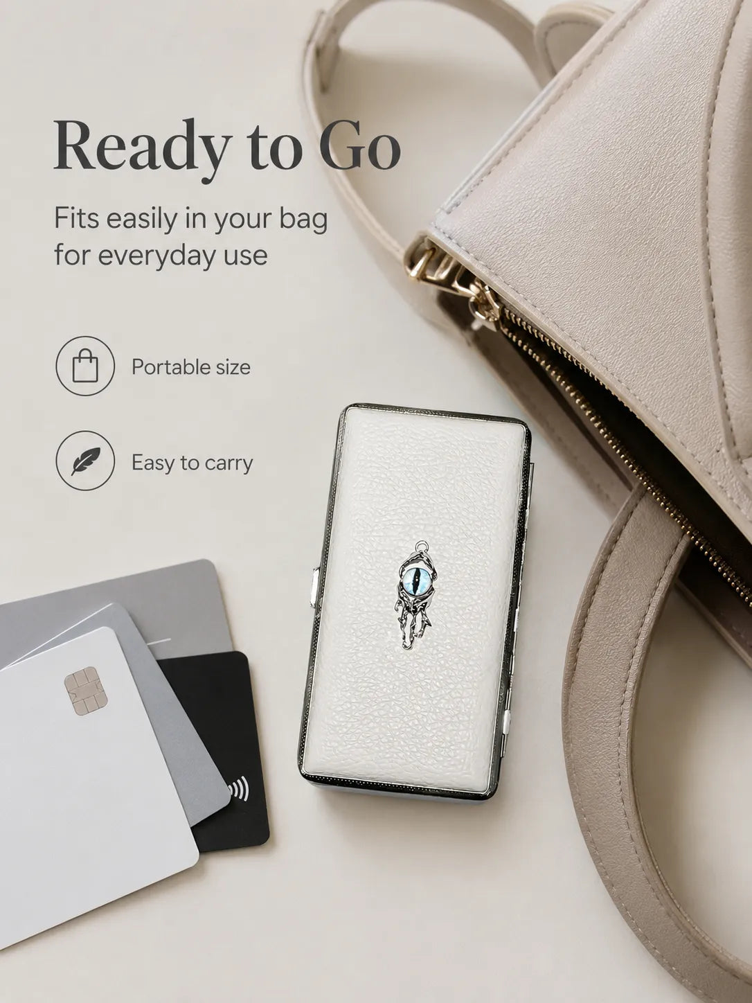 Blue Demon Eyes Pocket Case _ White Leather & Metal Hard-Shell Organizer