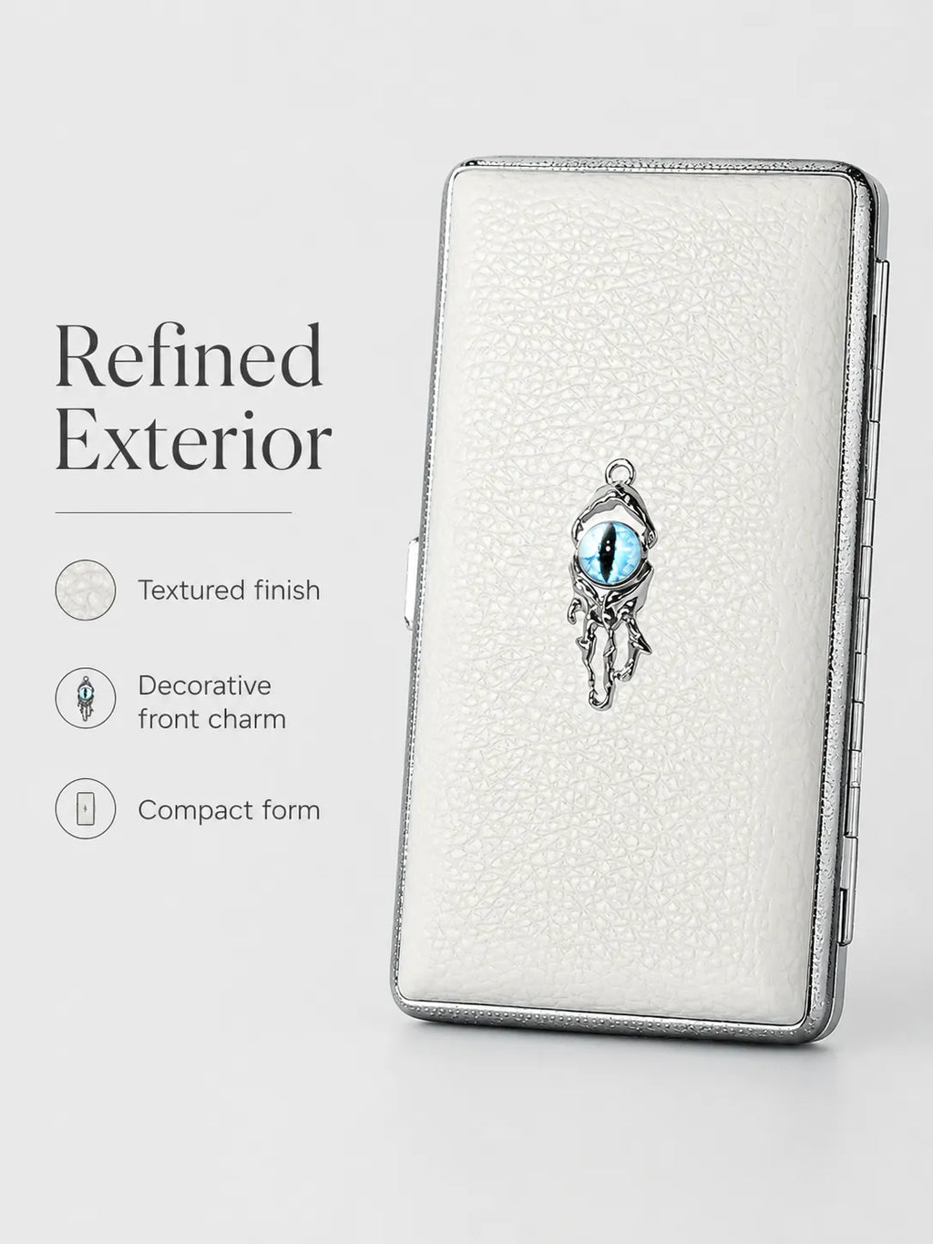 Blue Demon Eyes Pocket Case _ White Leather & Metal Hard-Shell Organizer