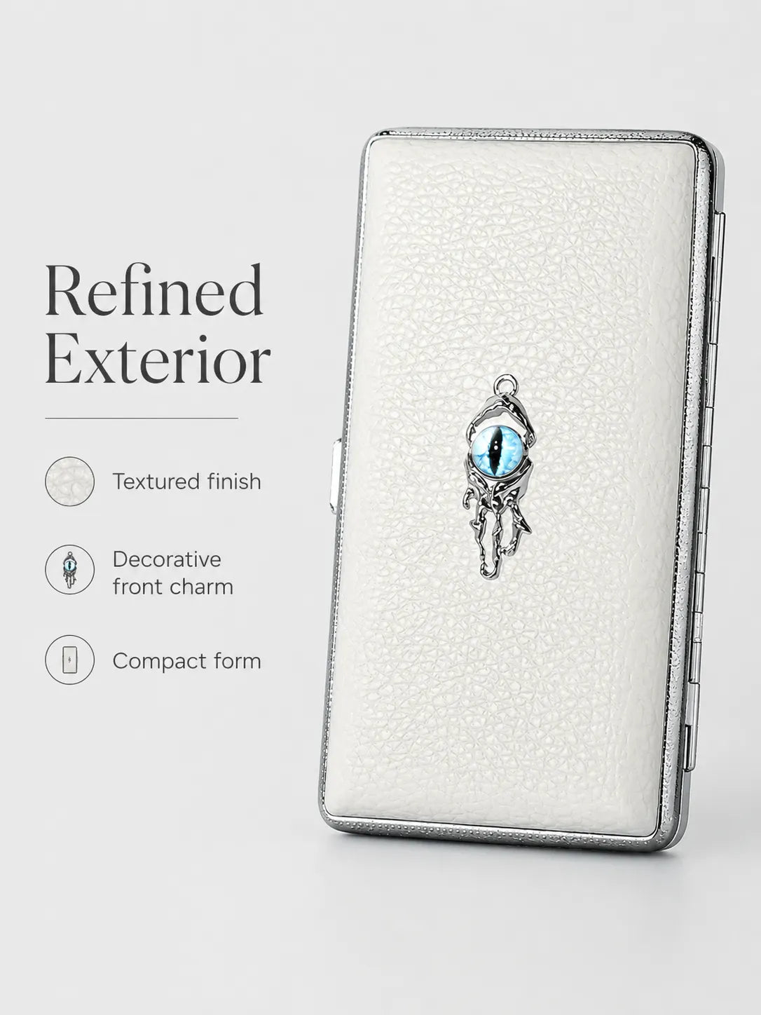 Blue Demon Eyes Pocket Case _ White Leather & Metal Hard-Shell Organizer