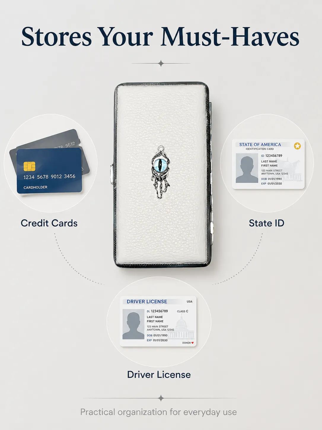 Blue Demon Eyes Pocket Case _ White Leather & Metal Hard-Shell Organizer