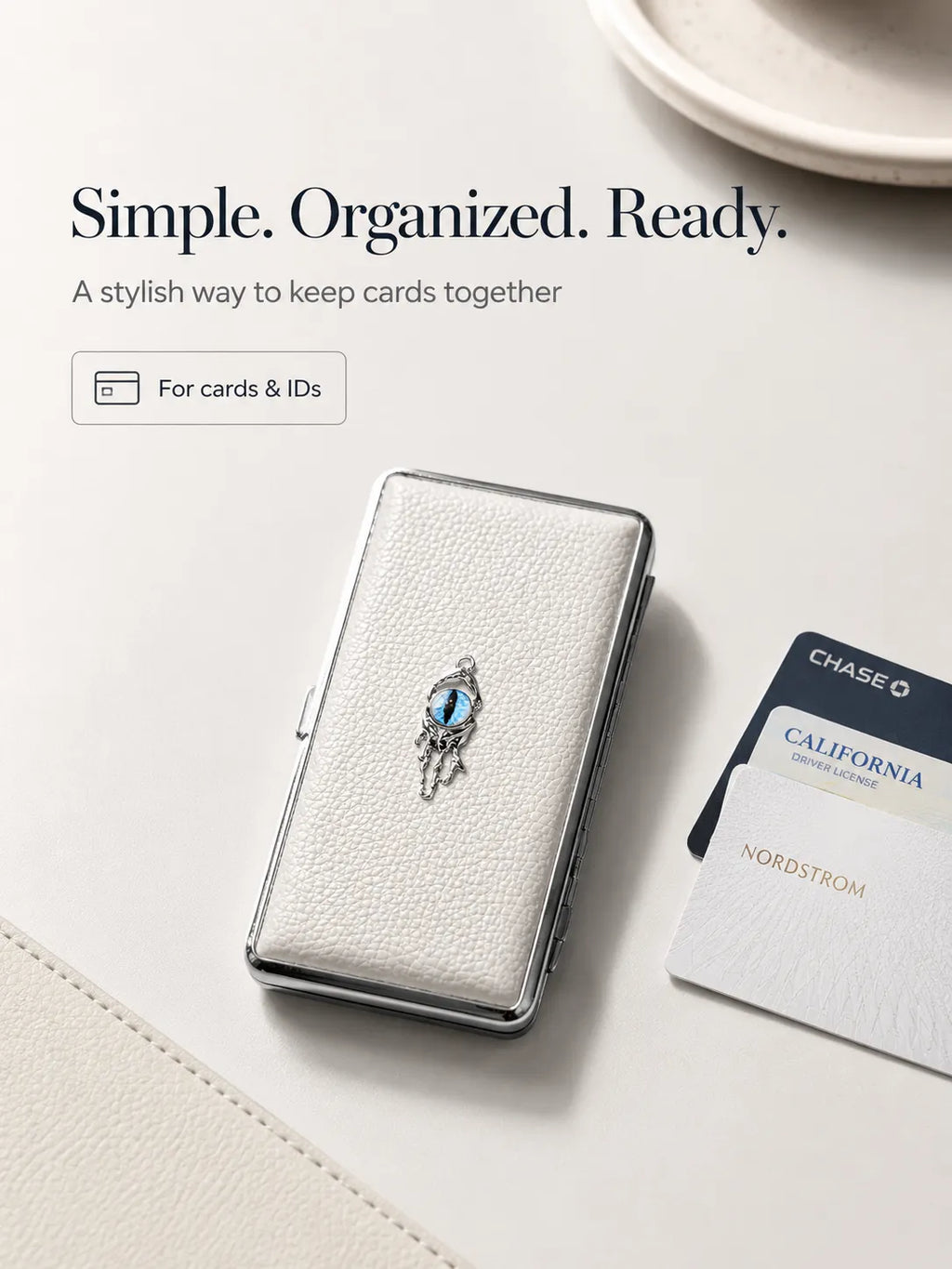 Blue Demon Eyes Pocket Case _ White Leather & Metal Hard-Shell Organizer