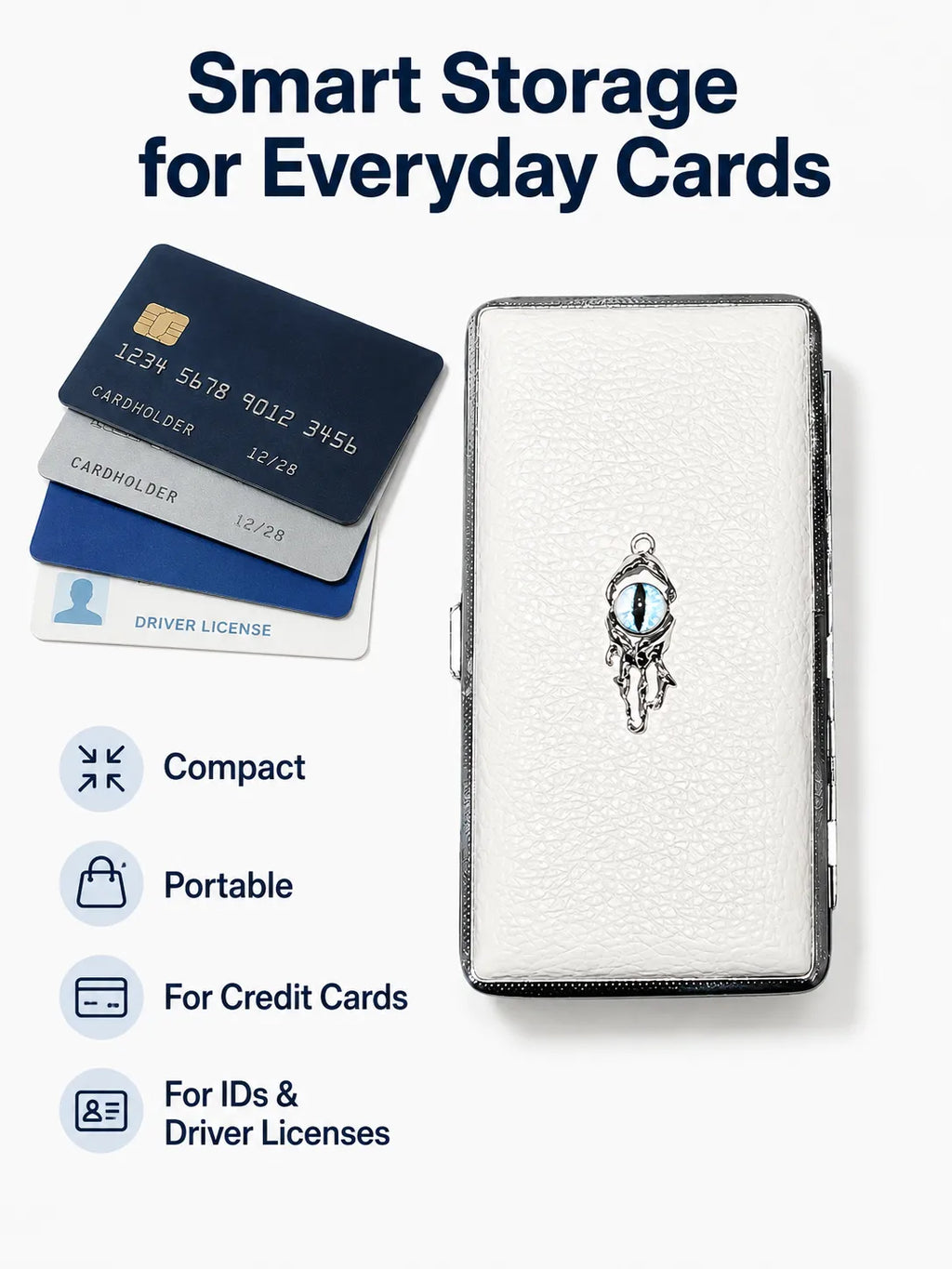 Blue Demon Eyes Pocket Case _ White Leather & Metal Hard-Shell Organizer