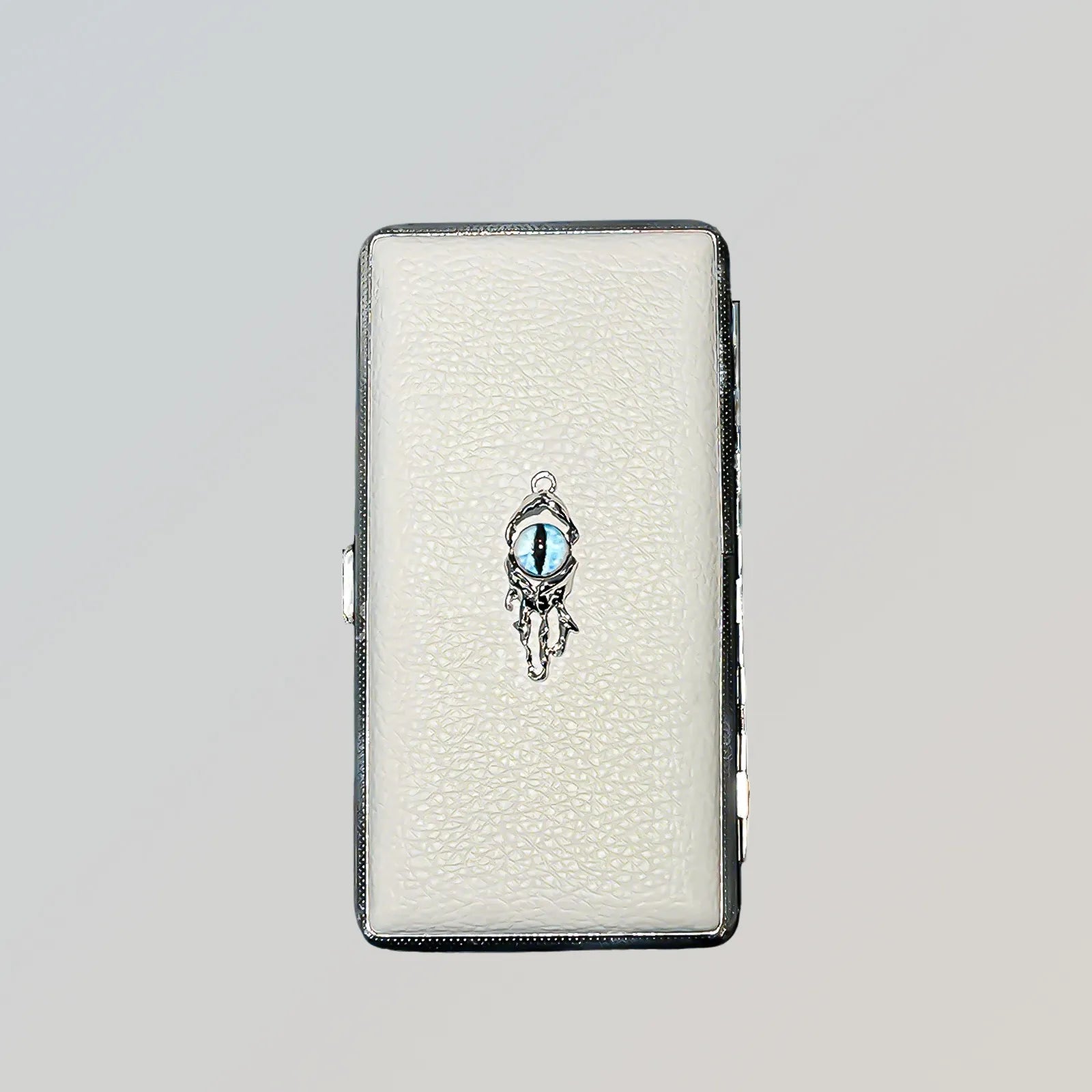 Blue Demon Eyes Pocket Case _ White Leather & Metal Hard-Shell Organizer—accessory with blue Demon Eyes Pocket White