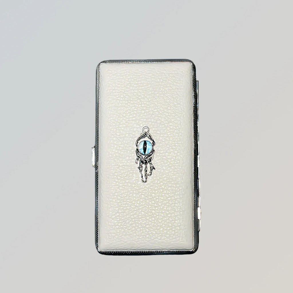 Blue Demon Eyes Pocket Case _ White Leather & Metal Hard-Shell Organizer—accessory with blue Demon Eyes Pocket White