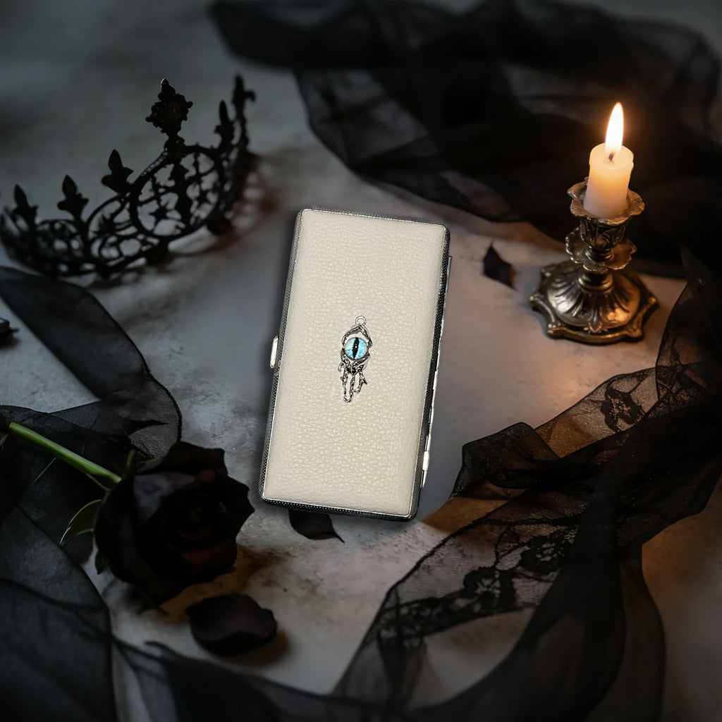 Blue Demon Eyes Pocket Case _ White Leather & Metal Hard-Shell Organizer—accessory with blue Demon Eyes Pocket White