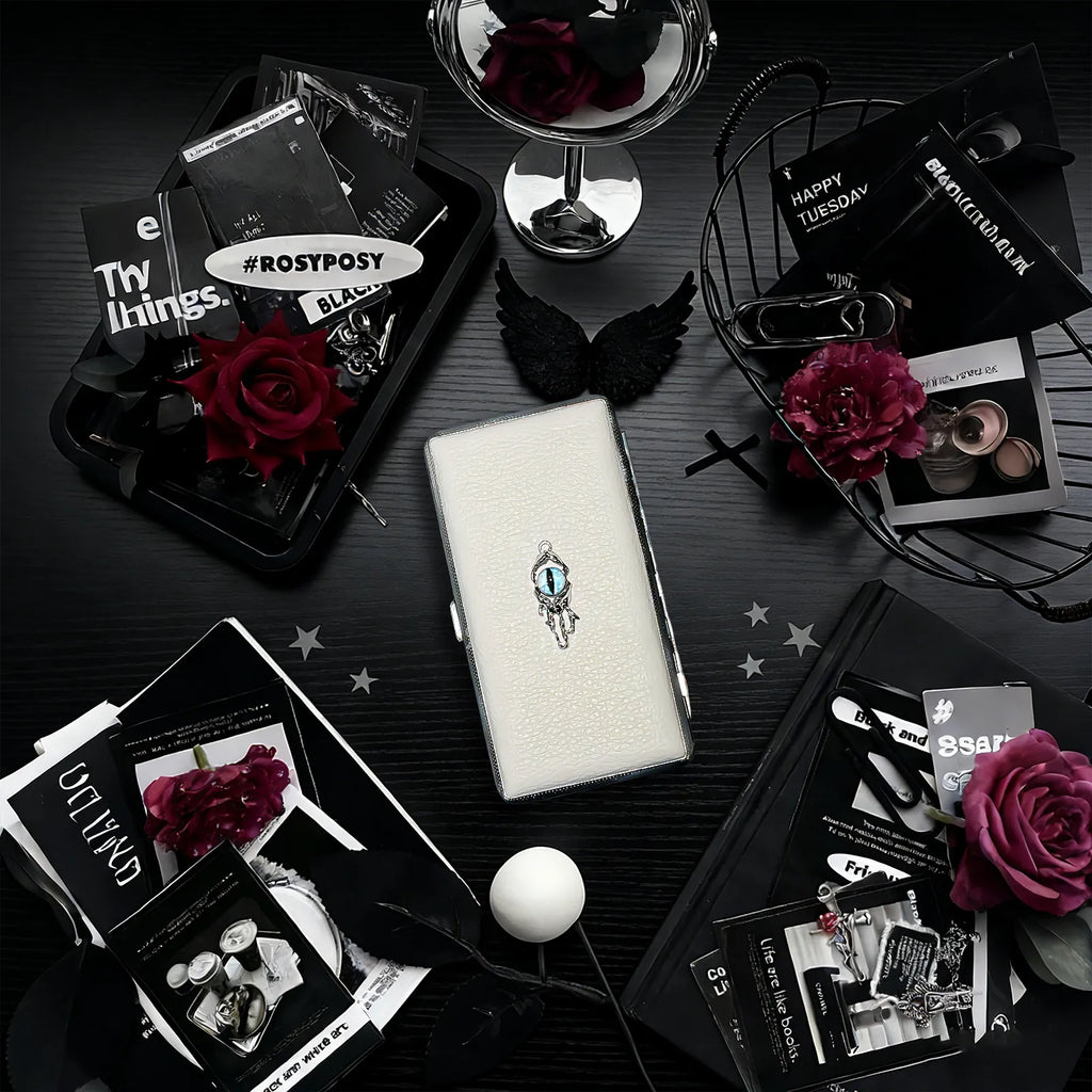 Blue Demon Eyes Pocket Case _ White Leather & Metal Hard-Shell Organizer—accessory with blue Demon Eyes Pocket White