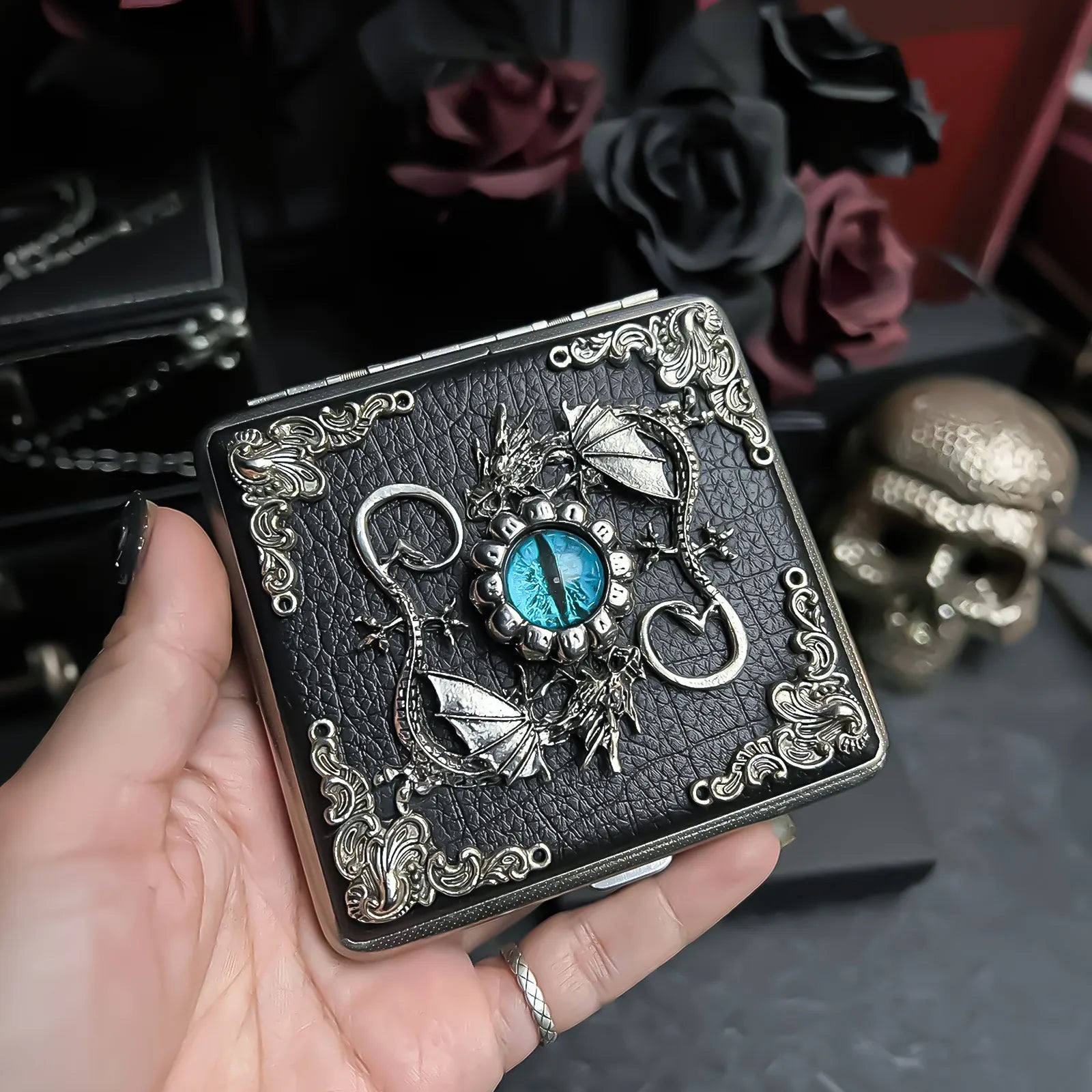 The Wyrm-Guard Leather Vault Case _ Silver Metal Hard-Shell Organizer—accessory with wyrm-Guard Leather Vault Silver