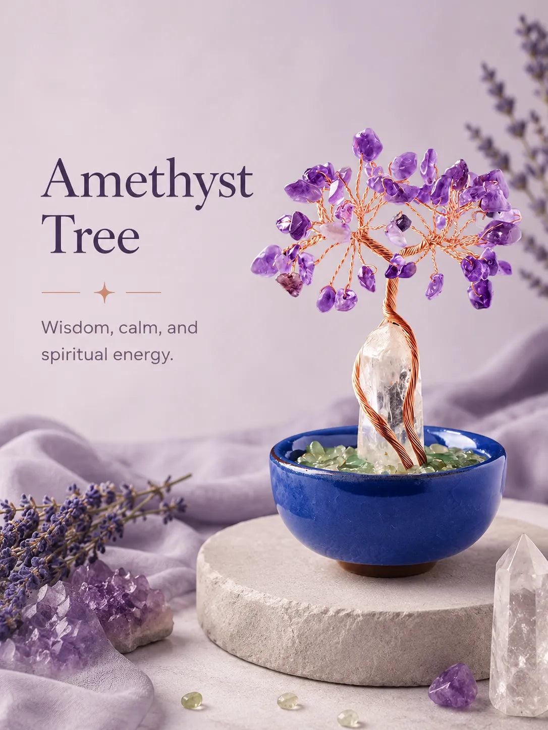 White Crystal Amplifies Energy Crystal Tree - Amethyst, Spirituality, Wisdom, Meditation, Calming the mind