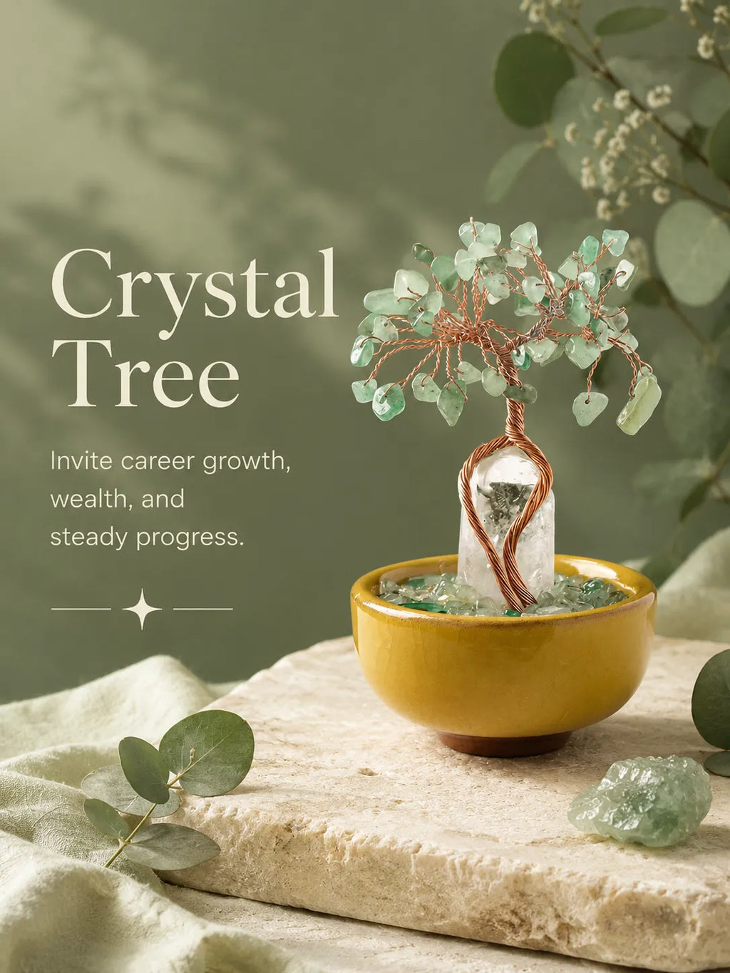 White Crystal Amplifies Energy Crystal Tree - Green Aventurine, Growth, Rebirth, Opportunity, Healing