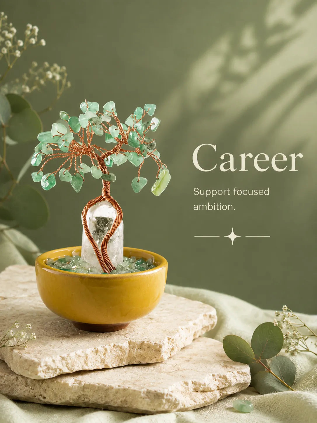 White Crystal Amplifies Energy Crystal Tree - Green Aventurine, Growth, Rebirth, Opportunity, Healing