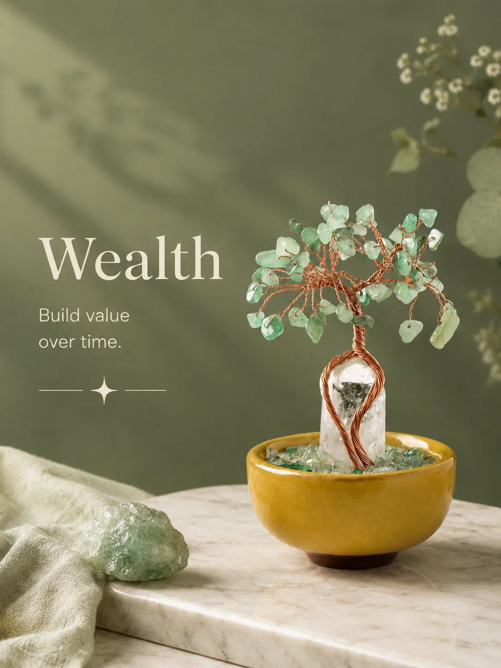 White Crystal Amplifies Energy Crystal Tree - Green Aventurine, Growth, Rebirth, Opportunity, Healing