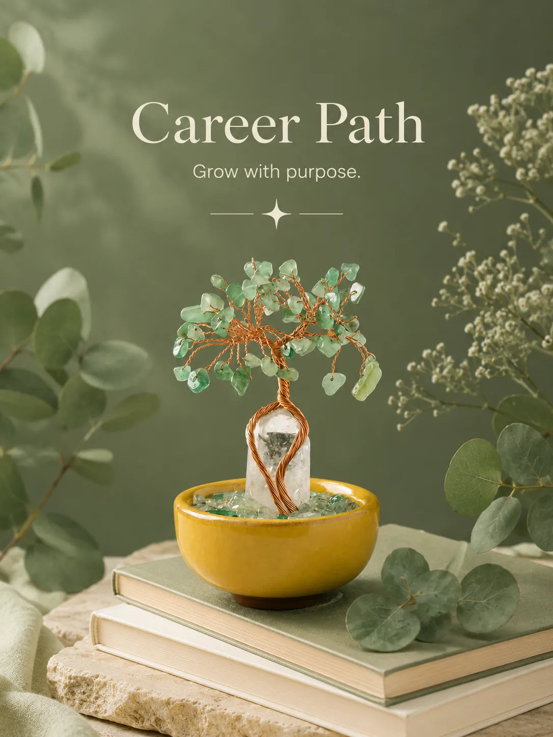 White Crystal Amplifies Energy Crystal Tree - Green Aventurine, Growth, Rebirth, Opportunity, Healing