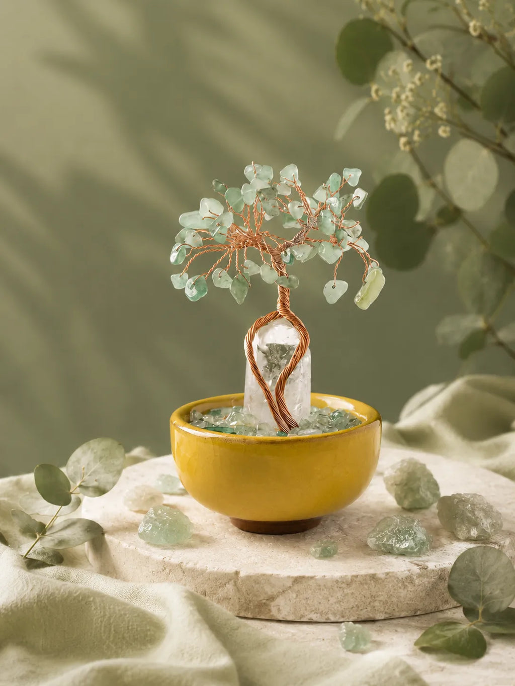 White Crystal Amplifies Energy Crystal Tree - Green Aventurine, Growth, Rebirth, Opportunity, Healing