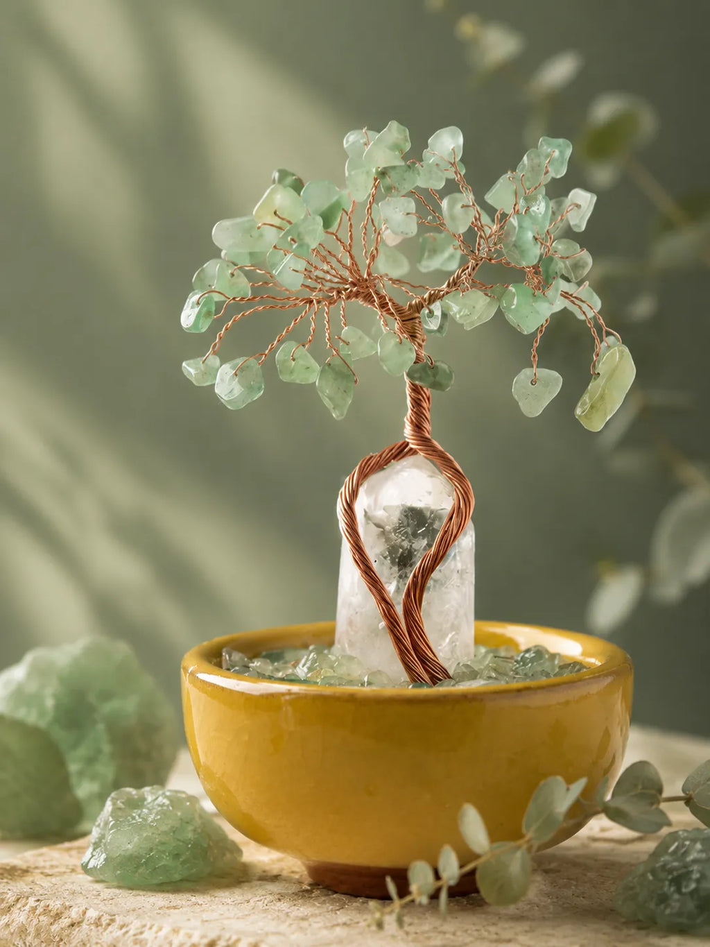 White Crystal Amplifies Energy Crystal Tree - Green Aventurine, Growth, Rebirth, Opportunity, Healing