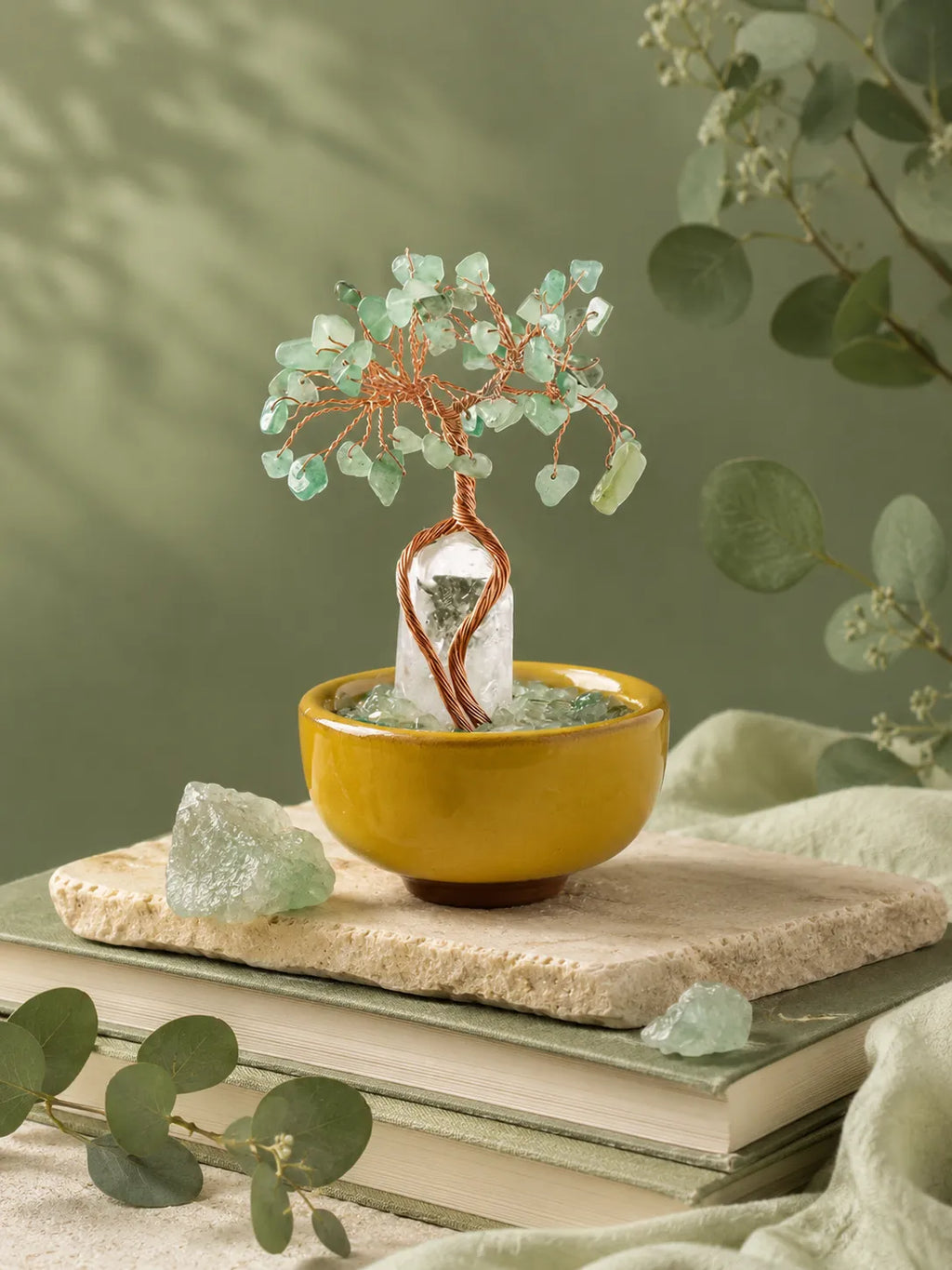White Crystal Amplifies Energy Crystal Tree - Green Aventurine, Growth, Rebirth, Opportunity, Healing