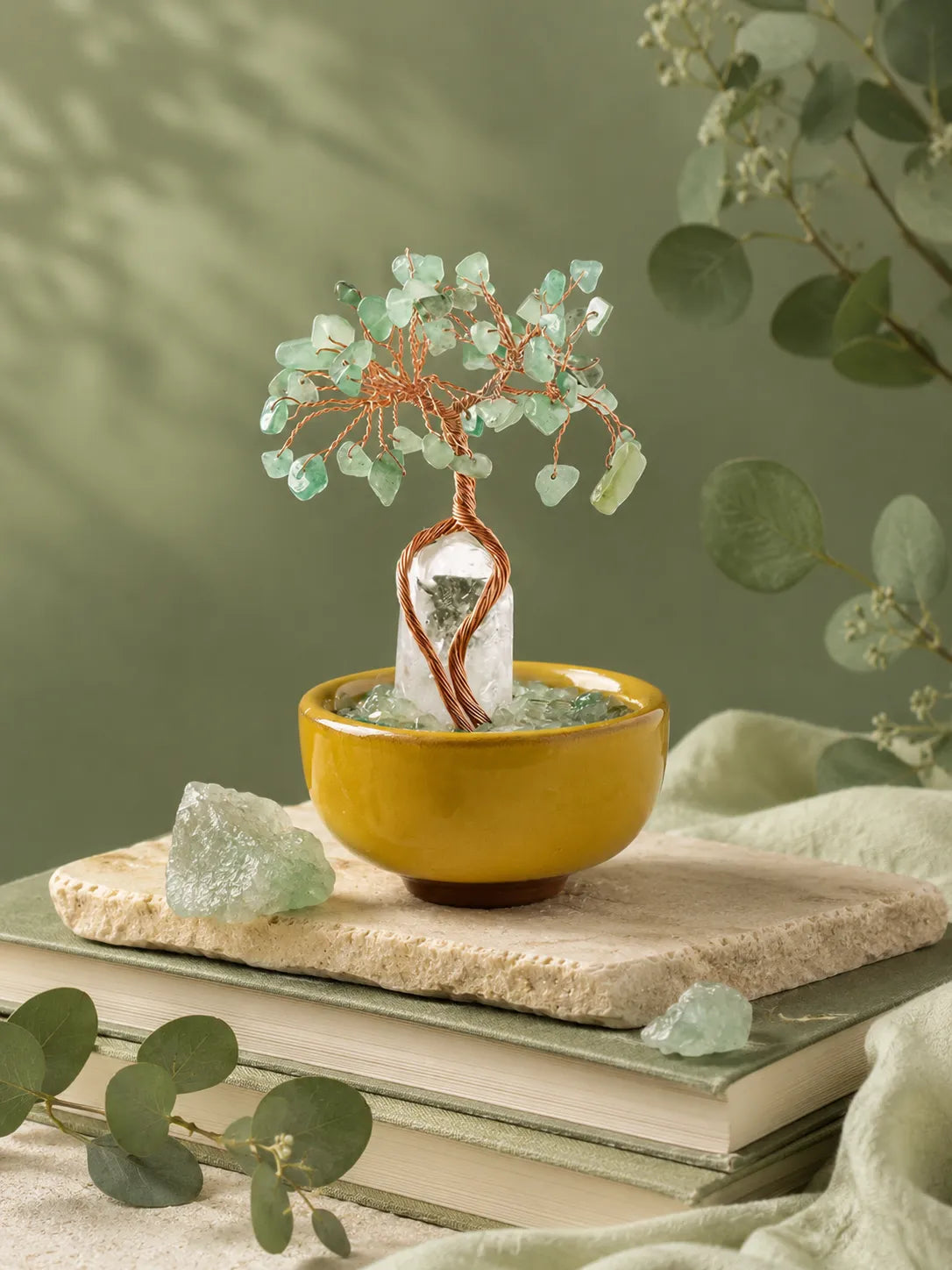 White Crystal Amplifies Energy Crystal Tree - Green Aventurine, Growth, Rebirth, Opportunity, Healing