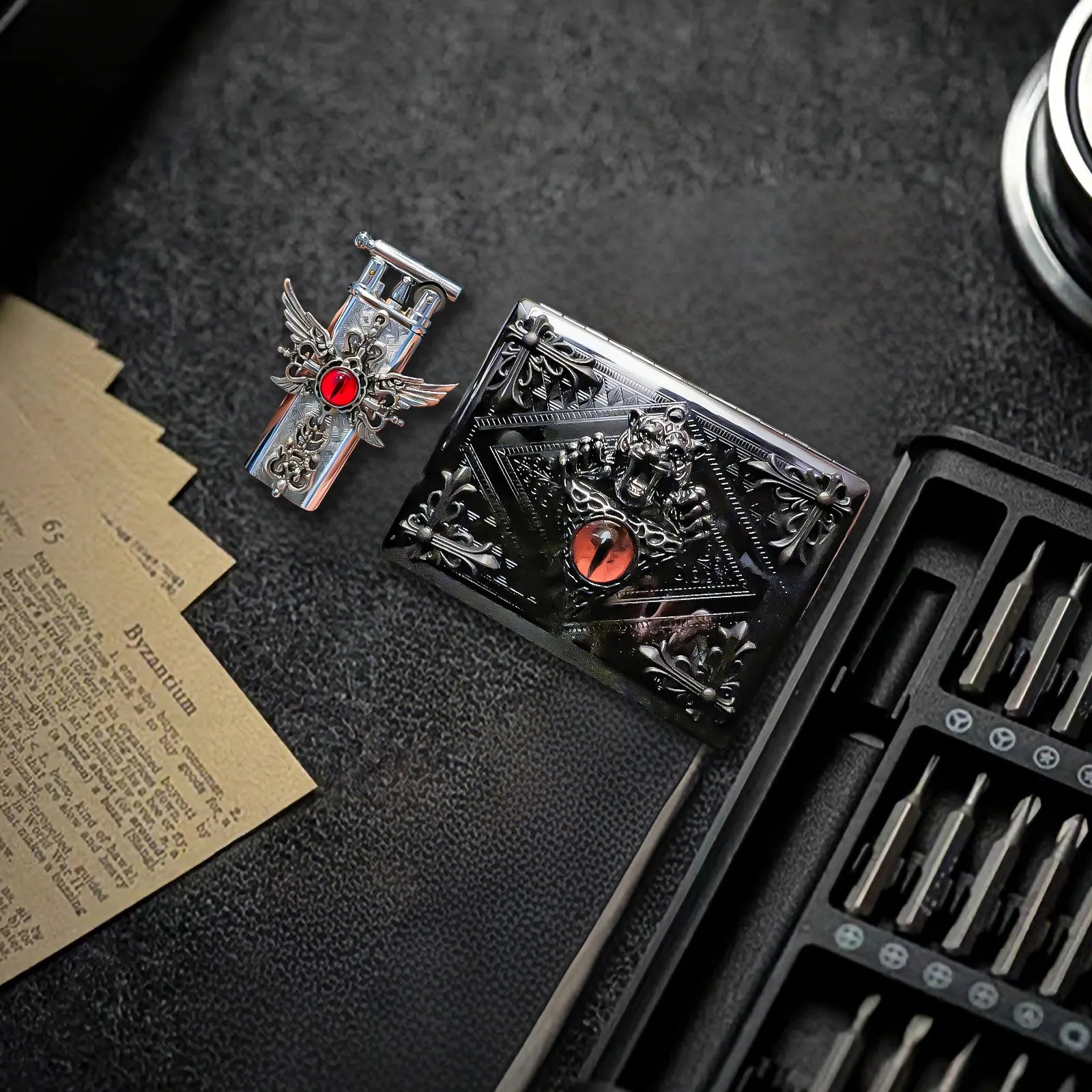 The Crimson Seraphim Lighter—metal lighter showcasing crimson Seraphim Lighter.